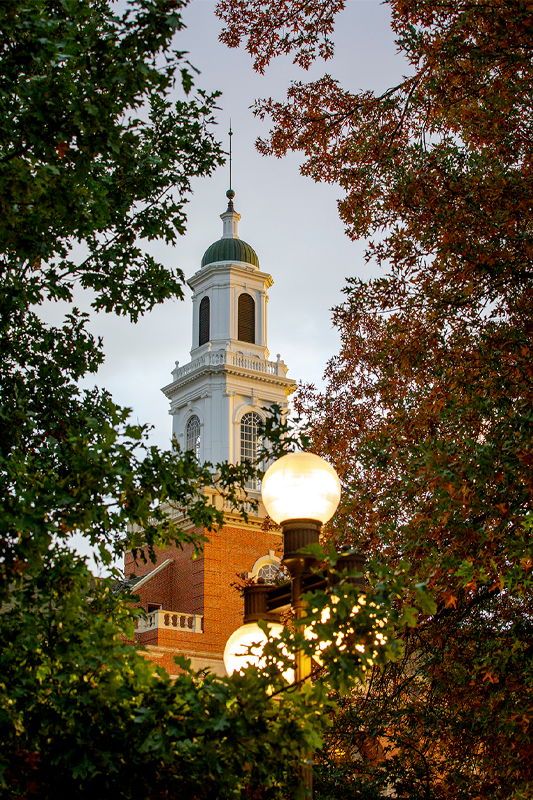 edmon low library tower among fall foliage